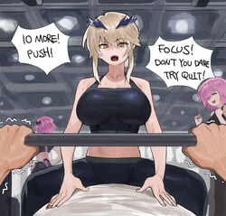 artoria_pendragon artoria_pendragon_(lancer_alter) astolfo_(fate) being_watched big_breasts breasts cowgirl_position dialogue dumbbell english_text exercise fate/grand_order fate_(series) female fit_female fitness hood_x_art lifting_weights looking_at_viewer male male_pov mash_kyrielight motivation pov sports_bra text trainer white_skin workout yellow_eyes