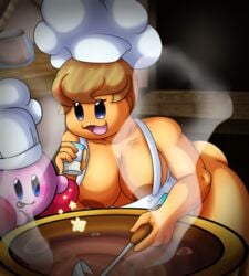 big_breasts blue_eyes blush breasts chef_kawasaki clothing cooking cute cute_face female kirby kirby_(series) male orange_body orange_skin pink_body pink_skin red_feet rule_63 tongue tongue_out yoshimister