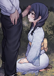 1boy bangs black_hair blue_hair blush bow braid brown_footwear censored commentary_request female from_side grass grey_shirt hand_on_hip hands_on_lap highres idolmaster idolmaster_shiny_colors imminent_fellatio japanese_clothes jp06 kimono long_hair looking_at_another looking_up lower_body morino_rinze mosaic_censoring open_mouth outdoors pants penis producer_(idolmaster) seiza shirt shoes sitting solo_focus straight sweatdrop twin_braids