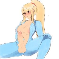 1futa areolae balls big_breasts big_penis blonde_hair bodysuit breasts clothed clothing dbagdraws erection fluffyearedfox futa_only futanari human light-skinned_futanari light_skin long_hair masturbation metroid nintendo nipples open_clothes pale_skin partially_clothed penis samus_aran sitting solo spread_legs zero_suit