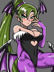 1girls alternate_costume aqua_eyes ass bare_shoulders bat_print bat_wings breasts capcom cleavage clothing cosplay darkstalkers female fire_emblem fire_emblem:_the_blazing_blade green_hair large_breasts long_hair looking_at_viewer lyn_(fire_emblem) lyndis_(fire_emblem) medium_breasts mnejing monster_girl morrigan_aensland_(cosplay) nintendo ponytail solo thick_thighs thighs very_long_hair