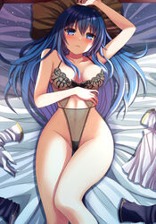 1girls bare_arms bare_legs bare_thighs blue_eyes blue_hair blush breasts caeda_(fire_emblem) clothes_removed female fire_emblem fire_emblem:_mystery_of_the_emblem fire_emblem:_shadow_dragon_and_the_blade_of_light frown gloves highres lingerie long_hair looking_at_viewer lying medium_breasts nightgown nintendo on_back on_bed pillow solo underwear yozu_(yozu0420)