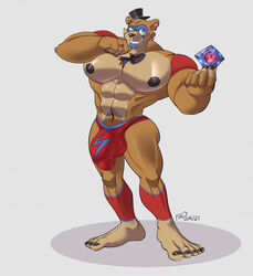 1boy abs absurd_res anthro anthro_only anthrofied balls balls_under_clothes bear better_version_at_source biceps big_balls big_penis blue_eyes bodypaint bow_tie bowtie bulge condom ear_piercing ear_ring earrings facepaint five_nights_at_freddy's five_nights_at_freddy's:_security_breach flaccid glamrock_freddy_(fnaf) half-closed_eyes headgear headwear hi_res holding_condom looking_at_another looking_away male male_only mammal muscles muscular muscular_male nipples orange_body orange_fur orange_skin penis penis_under_clothes rxq sharp_teeth simple_background smile smiling solo solo_male standing teeth top_hat two_tone_body two_tone_fur two_tone_skin underwear video_games white_background