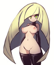 1girls areolae big_breasts blonde_hair breasts cute eye_contact featureless_crotch gloves green_eyes looking_at_viewer lusamine_(pokemon) nintendo nipples pokemon pokemon_sm solo somesome standing thighhighs white_background