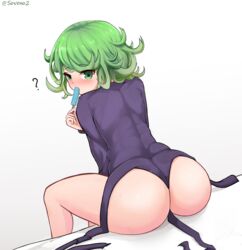 1girls ? ass big_ass blush butt dress dress_between_buttocks female green_eyes green_hair holding_object_between_buttocks looking_back no_panties one-punch_man short_hair sitting solo soveno tatsumaki thighs