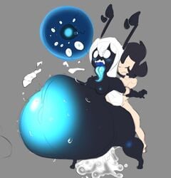 ahe_gao ahegao anthro beents belly_bulge belly_expansion black_body cum cum_explosion cum_inflation cum_overflow cumflated_belly cumflation dumplis_(artist) hyper_cumflation impregnation inflation jay_(dumplis) little_wings overflowing_cum ovum pregnant tongue tongue_out white_eyes white_hair wings