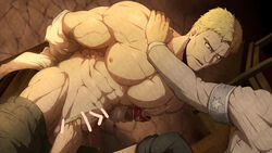 2boys abs alternate_pectoral_size arms_behind_back attack_on_titan bar_censor bara bare_pectorals bare_shoulders blonde_hair censored erection facial_hair footjob groin highres kuroshinki large_pectorals male_focus mature_male multiple_boys muscular muscular_male navel nipples nude off_shoulder older on_chair open_clothes open_shirt pants pants_removed pants_rolled_up pectorals penis reiner_braun reward_available shingeki_no_kyojin short_hair sideburns sitting solo_focus stomach stubble thighs veins wide-eyed yaoi