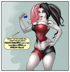 1girls batman_(series) big_breasts blueberry_inflation breasts bulging_breasts cleavage comic dc dc_comics dialogue female female_focus female_only fully_clothed harley_quinn hourglass_figure imminent_inflation large_breasts liquid_inflation lotorloon solo tight_clothing