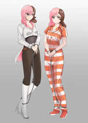 cuffed cuffs en17 high_heel_boots high_heels inmate jail jumpsuit neo_(rwby) orange_stripes prison prison_clothes prison_jumpsuit prison_uniform prisoner restrained restraints rwby striped striped_clothing striped_jumpsuit uniform