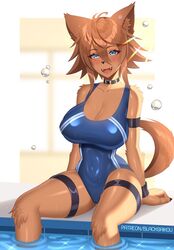 animal_ears animal_tail big_breasts blacksaikou breasts brown_fur brown_hair bubbles canine choker clevage collar digital_media dog_ears dog_girl dog_tail doggirl feet_out_of_frame fur furry monster_girl monster_musume_no_iru_nichijou not_furry one-piece_swimsuit one_breast_out polt_(monster_musume) pool sitting swimsuit tagme