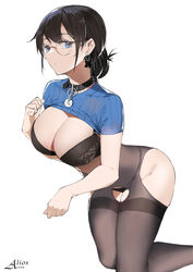 1girls 2021 absurdres aliosarvin alternate_version_available bangs black_bra black_hair black_legwear black_panties blue_eyes blue_shirt bra breasts cleavage collar crop_top dog_tags earrings female glasses highres jewelry kneeling lace-trimmed_bra lace_trim large_breasts looking_at_viewer original panties panties_under_pantyhose pantyhose ponytail round_eyewear shirt short_hair sidelocks simple_background solo thighband_pantyhose underwear