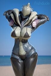 1girls 3d arms_behind_head arms_up bikini blender breast cleavage female female_only fiishdude humanoid large_breasts saryn_(warframe) skindentation solo warframe