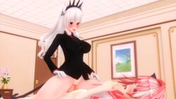 1boy 1girls 3d astolfo_(fate) blush cowgirl_position crossdressing crossover custom_maid_3d_2 demon_girl fate/apocrypha fate/grand_order fate_(series) female femboy femboy_on_female gloves helltaker horns lucifer_(helltaker) male male_penetrating penis pink_hair purple_skin pussy red_eyes ribbons school_uniform sex straight suit tongue_out trap vagina vaginal_penetration white_hair
