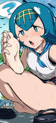 barefoot blue_hair dazed feet foot_focus holding_feet lana_(pokemon) mob_face newworld9 pokemon pokemon_sm presenting_feet question_mark sandals smelling_feet smelly_feet sweat sweatdrop sweaty_feet tagme thick_thighs thighs