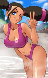 1girls bikini blue_eyes breasts brown_hair enessef-uu hot_spring kidd_summers large_breasts looking_at_viewer peace_sign pokemon pokemon:_lucario_and_the_mystery_of_mew pokemon_(anime) pokemon_(movie) pokemon_rse swimsuit tan_skin wink