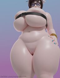 1girls 3d alternate_breast_size areolae beltbra big_breasts blender blizzard_entertainment breast_squeeze breasts breasts_bigger_than_head bursting_breasts chubby chubby_female eyewear female female_only glasses hairless_pussy huge_breasts huge_hips human large_breasts mei_(overwatch) nipples nude overwatch pussy skindentation solo standing thick_thighs thunder_thighs vanasmut venus_body voluptuous wide_hips