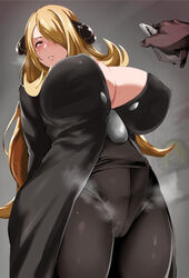 1boy 1girls alternate_breast_size big_breasts black_coat black_pants blackmail blonde_hair cellphone curvaceous curvy cynthia_(pokemon) erect_nipples_under_clothes fur_trim game_freak hair_covering_eye hair_ornament holding_cellphone huge_breasts human large_breasts long_hair nintendo pokemon pokemon_dppt ratetaso standing thick_thighs