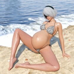 1girls 3d baritatsu big_breasts bikini breasts female female_only huge_belly large_breasts nier nier:_automata pregnant ready_to_pop yorha_2b