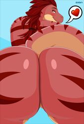 anthro ass big_butt blush close-up conditional_dnp dinosaur dromaeosaurid evov1 female genitals hair heart hi_res huge_butt lenalia_(risqueraptor) looking_back orange_eyes presenting presenting_hindquarters pussy red_body red_hair red_scales reptile scales scalie simple_background smile solo stripes theropod