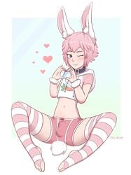 1boy bunny_boy bunny_ears clothed clothes clothing cute dressed femboy girly hand_heart hearts looking_at_viewer male pink_hair selirum solo solo_male tagme trap wink winking winking_at_viewer