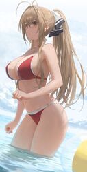 1girls amagi_brilliant_park big_breasts bikini blush breasts brown_eyes brown_hair cleavage female female_only large_breasts long_hair sento_isuzu solo yohan1754