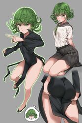 1girls alternative_costume ass ass_grab ass_support bent_knees big_ass black_dress breasts clothed_navel clothing dress female_focus green_eyes green_hair grey_background groping high_resolution huge_ass kneehighs legs looking_at_viewer multiple_views one-punch_man pleated_skirt ryudraw sailor_collar school_uniform seiza short_green_hair short_hair sitting skirt small_breasts sole_female solo_female tatsumaki thick_thighs thighs uniform