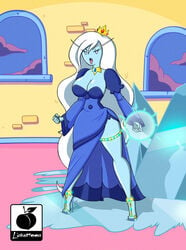 adventure_time anklet crown dress high_heels hourglass_figure huge_breasts ice_queen_(adventure_time) jewelry linkartoon open_mouth shiny_skin solo stiletto_heels very_high_heels white_hair