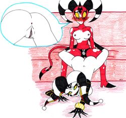 2girls anus ass blitzo_(helluva_boss) blush breasts claws clothed clothing demon drawn duo fangs female female/female female_blitzo female_fizzarolli female_focus female_only fizzarolli_(helluva_boss) genital_fluids genitals helluva_boss horns humanoid imp interspecies inviting_to_sex multiple_girls nipples open_mouth open_smile panties presenting presenting_pussy pussy pussy_juice red_body red_eyes robo_fizzarolli robot rule_63 simple_background skeleslay smile tail tongue two_tone_body white_body yuri