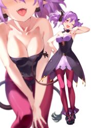 1girls ;o bare_arms bare_shoulders blush breasts dress elf_ears female female_focus female_only horn kinta_(distortion) leggings legwear long_ears looking_at_viewer nail_polish one_eye_closed pointy_ears purple_hair red_eyes succubus tagme tail tongue tongue_out twintails