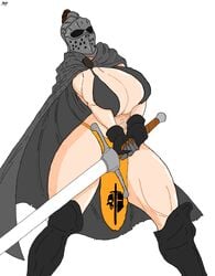 apollyon armor armored_boots armored_gloves big_breasts brown_hair cape for_honor helmet holding_weapon salty.black.prior sword tagme thick_thighs