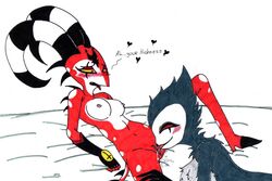 2girls anthro avian beak bird blitzo_(helluva_boss) blue_fur blush breasts claws cunnilingus demon drawn duo fangs female female_blitzo female_stolas fur genitals grey_fur heart helluva_boss horns imp male male/female nipples open_mouth oral owl owl_demon pleasure_face pussy pussy_juice red_body red_eyes rule_63 sex simple_background skeleslay smile stolas_(helluva_boss) straight tongue two_tone_fur