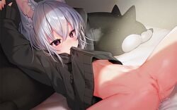 animal_ears bed blush censored doggirl gray_hair haiba_09 mosaic_censoring navel no_bra nopan original purple_eyes pussy pussy_juice shirt_lift spread_legs waifu2x