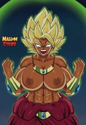 1girls abs dragon_ball dragon_ball_super earrings huge_breasts kale kale_(berserker) legendary_super_saiyan lipstick mallow_strife muscular muscular_female solo super_saiyan topless yellow_hair