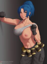 abs adjusting_clothes bare_shoulders belt biceps black_gloves blue_eyes blue_hair breasts collarbone earrings fanbox_username female gas_can gloves highres jewelry king_of_fighters king_of_fighters_xiii large_breasts leona_heidern looking_at_viewer midriff muscular muscular_female nipples one_breast_out pants parted_lips patreon_logo patreon_username ponytail pouch putcher simple_background sleeveless smile solo standing tank_top toned_female triangle_earrings watermark web_address white_tank_top