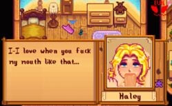 2d 2d_animation :>= animated bedroom bedroom_eyes blonde_hair blue_eyes deepthroat eye_contact fellatio female haley_(stardew_valley) hand_on_head oral oral_sex pixel_animation pixel_art pov stardew_valley text_box theevilfallenone throat_fuck throat_grab throat_pounding