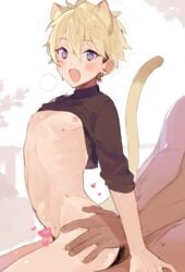 2boys anal animal_ears black_shirt blonde_hair blue_eyes blush bottomless breath brown_hair cat_boy cat_ears cat_tail catboy censored clothes_pull dark-skinned_male dark_skin ear_piercing femboy girly hair_between_eyes heart heart_censor highres implied_sex interracial light-skinned_male male male/male male_focus mobu_45 multicolored_hair multiple_boys nipples oerba_yun_fang original otoko_no_ko piercing sex shirt shirt_pull simple_background skin_fang solo_focus sweat tail torso_grab trap yaoi