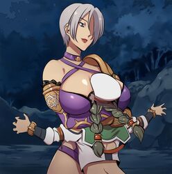 2girls age_difference artist_request between_breasts big_breasts breasts busty choking cleavage dominatrix face_in_breasts female female_only green_hair grey_eyes grey_hair head_between_breasts height_difference hug huge_breasts isabella_valentine lipstick older_woman_and_teenage_girl petite smile soul_calibur talim twintails voluptuous yuri