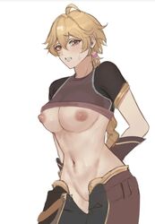 aether_(genshin_impact) areolae blonde_hair braided_hair breasts crop_top genderswap_(mtf) genshin_impact gold_eyes ha___ze(twitter) ha_ze long_hair male_to_female nipples pussy pussy_juice rule_63 solo wet_pussy white_background