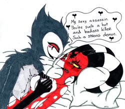 1boy 1boy1girl 1girls anthro avian beak bird blitzo_(helluva_boss) blue_fur blush breast_grab breasts claws demon demon_girl drawn duo fangs female female_blitzo fur genderswap genderswap_(mtf) grey_fur heart helluva_boss horns imp male male/female nipples open_mouth open_smile owl owl_demon pleasure_face red_body red_eyes rule_63 simple_background skeleslay smile stolas_(helluva_boss) straight tongue two_tone_fur