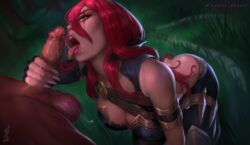 1girls ass ass_cleavage ass_out blowjob butt_crack clothed clothed_female_nude_male fanart fellatio female female_focus green_eyes katarina_du_couteau league_of_legends realistic red_hair redhead riot_games saliva saliva_string saliva_trail scar scar_across_eye sloppy tattoo tomoe_draws unseen_male_face wet