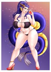 big_breasts big_thighs bikini commission dragon dragon_horns dragon_tail eyepatch_bikini halationart holding_glass holding_object looking_at_viewer ponytail scales swimsuit thick_body tummy ych_result