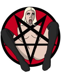 666 anus blonde_hair demon demon_eyes demon_girl demoness evil exorcism female gothic occult open_mouth original_character pentagram possession prodbynieco pussy red_background ritual saliva spirit spit stockings tongue_out white_hair white_skin witch witchcraft