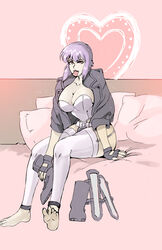 1girls cleavage clothed condom_in_mouth condom_wrapper feet female female_only garter_straps ghost_in_the_shell huge_breasts jacket karyoten kusanagi_motoko pillow purple_hair short_hair sitting solo thighhighs undressing