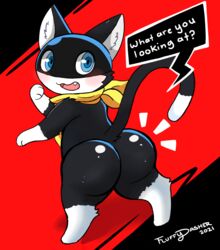 1boy 2021 animal_ears anthro ass atlus bandana black_fur blue_eyes blush cat_ears cat_tail domestic_cat english_text fang felid feline felis femboy fluffydasher fur furry looking_at_viewer looking_back male male_only mammal morgana_(persona) neckerchief open_mouth persona persona_5 raised_tail signature solo solo_male tail two_tone_fur video_games white_fur