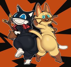 2boys animal_ears anthro ass atlus big_ass black_eyes black_fur blue_eyes blue_sclera brown_fur capcom cat_ears cat_tail cream_fur crossover domestic_cat felid feline felis fur looking_at_viewer male male_only mammal monster_hunter morgana_(persona) navirou open_mouth persona persona_5 slingshot smile submarine_screw tail two_tone_fur video_games white_fur