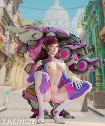 1girls 3d blizzard_entertainment bodysuit breasts brown_eyes brown_hair cg d.va female female_only gamer_girl latex meka nipples overwatch petite plugsuit pussy solo yakinowo