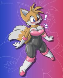 ! 2021 anthro blush bodysuit breasts canid canine clothing embarrassed exposed exposed_breasts female fox mammal nipple_slip nipples rouge_the_bat_(cosplay) rubber rubber_suit rule_63 rvlis sega skinsuit solo sonic_(series) tails tight_clothing wardrobe_malfunction