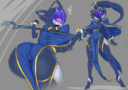 1_eye 1girls 2d android ass ass_focus big_breasts black_breasts black_skin breasts cameltoe erect_nipples erect_nipples_under_clothes female forehead_jewel front_and_back full_body grey_background high_resolution highres holding_weapon hybrid in_profile jewelry kilala_lapis looking_at_viewer looking_back nipples no_mouth no_nose original pelvic_curtain pochincoff ponytail purple_eyes purple_hair robot robot_girl sideboob solo solo_female tied_hair underboob weapon