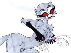 anthro avian bird black_fur breasts claws demon female female_only female_stolas fluffy fluffy_tail genitals grey_fur helluva_boss lactation mature_female milf nipples open_mouth open_smile owl owl_demon red_eyes rule_63 skeleslay solo stolas_(helluva_boss) tongue traditional_media_(artwork) two_tone_fur white_background