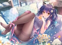 aliasing animal_ears anus blush breasts catgirl couch dress flowers long_hair nanami_yuuno original pantyhose paper petals purple_hair pussy pussy_juice ribbons sousouman third-party_edit uncensored watermark yellow_eyes